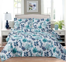 3 Pcs Summer Coastal Quilts Full/Queen Size Conch Seashell Coverlet Set Light...