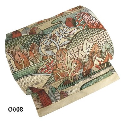 Nagoya Obi Silk Woven Landscape Flower Pattern Gold Thread Multicolor Kimono Bel