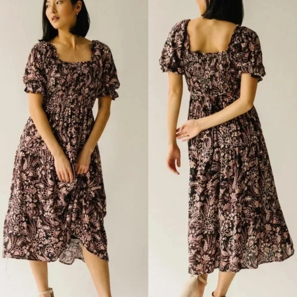 Piper and Scoot Womens Toby Tiered Midi Dress Size XXXL Dark Floral Smocked Puff - Изображение 2 из 4