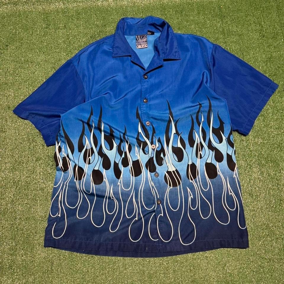 Y2K Graphic Blue Flame Button Up polo Shirt Size XL 2000s Skater Vintage