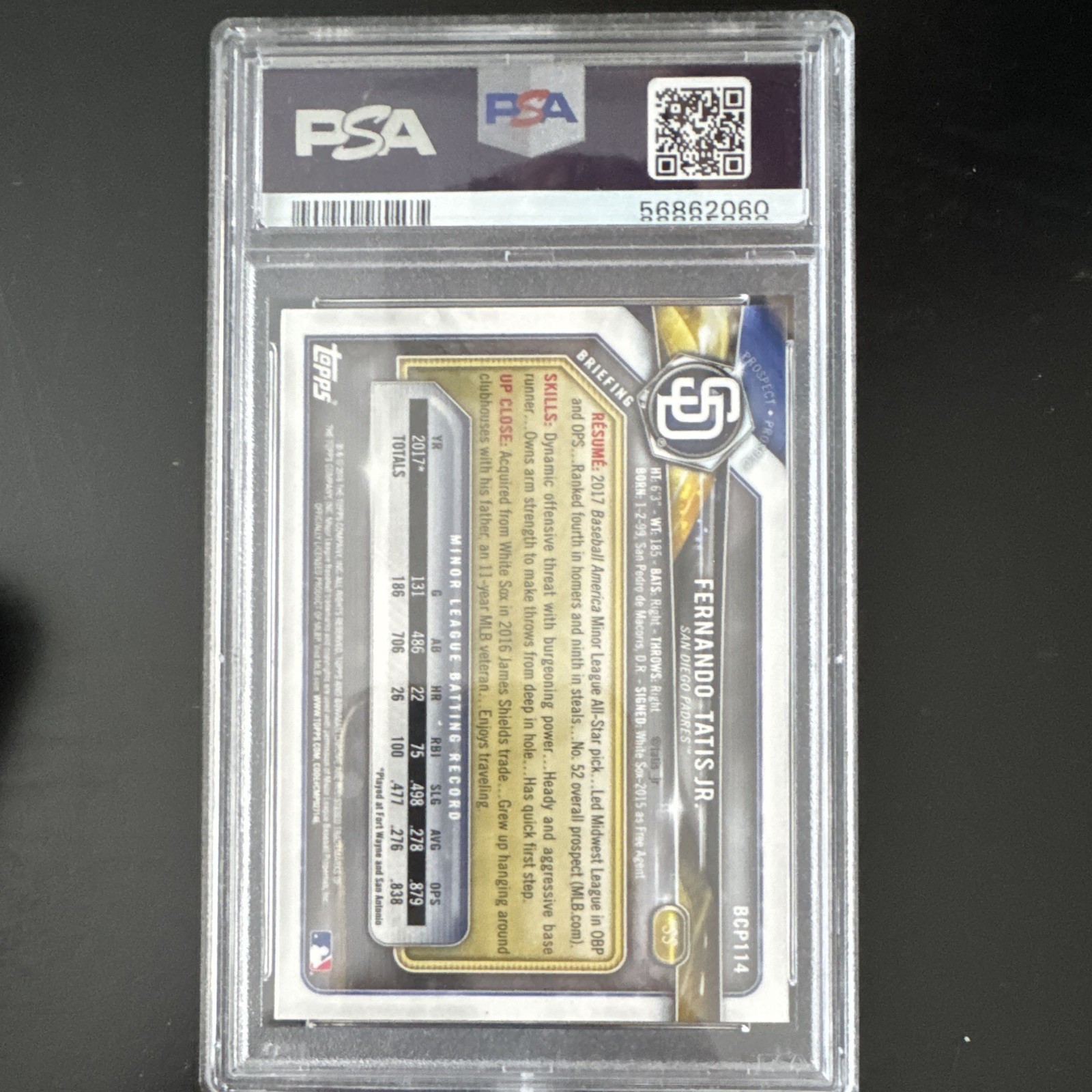 Bowman 2018 Fernando Tatis Jr Prospects Chrome #114 Padres PSA 10 Graded view 2