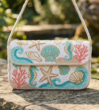 Bolso de Hombro Artesanal Costero Con Cuentas Tema del Océano Solapa Cartera Concha Estrella de Mar