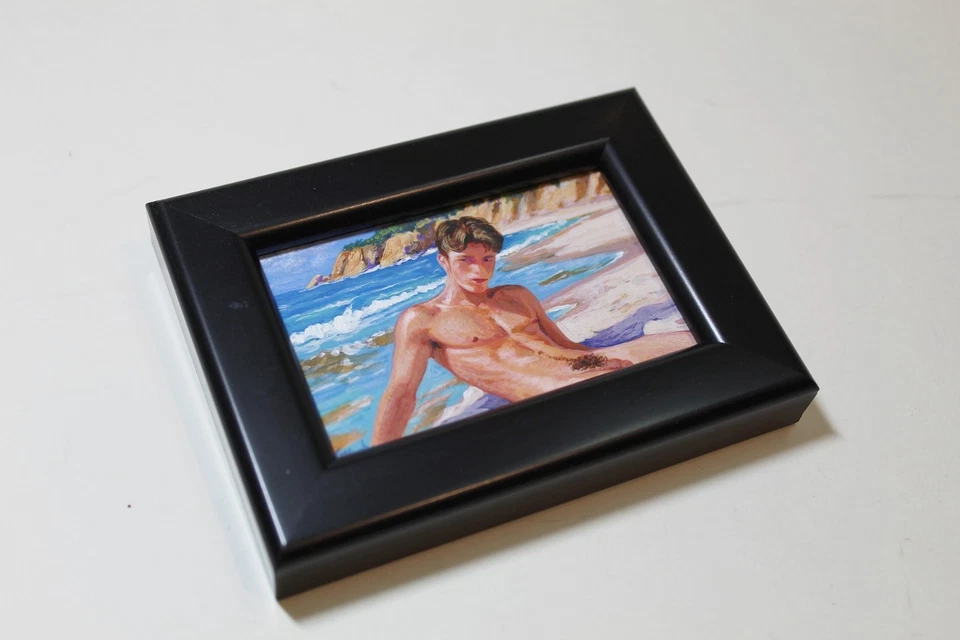 Pintura en miniatura acrílica arte de interés masculino gay original playa Foto 3 de 4