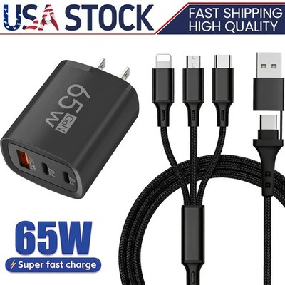 65W Type C Fast Wall Charger & 4 In 1 Cable For iPhone Samsung Google Motorola