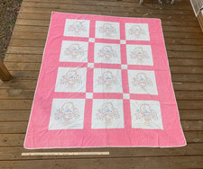 Antique Embroidered Pink and White Baskets With Flowers and Bird Quilt
