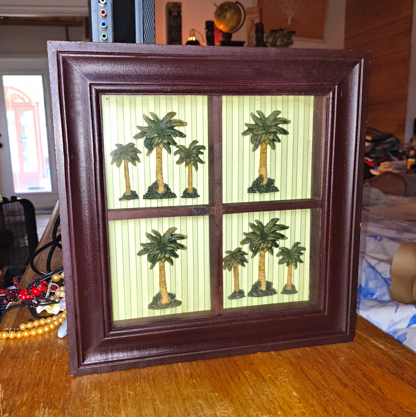 Framed Palm Tree Nature Print Brown Wood/Glass Frame 12x12 Vertical