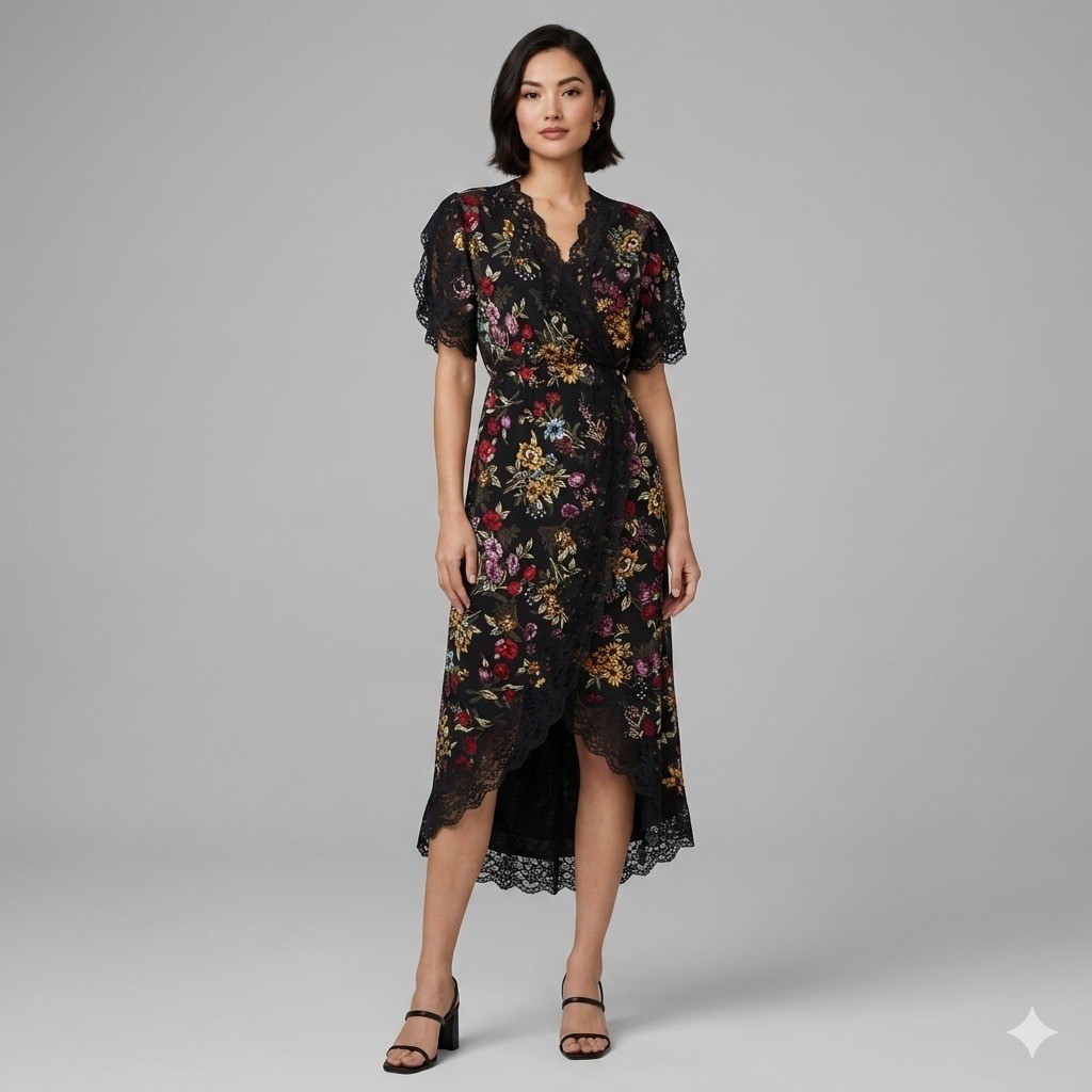 Alice + Olivia Adele Black Floral Silk Blend Lace Trim Midi Wrap Dress Size 2
