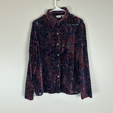 M Velvet Burnout Button Up Shirt Top Blouse Vintage Burgundy Artsy Sheer Grunge
