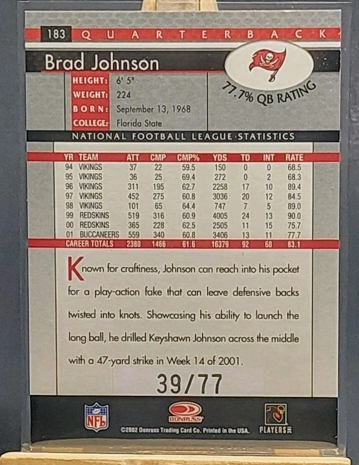Brad Johnson 2002 Donruss Season Stat Line 39/77  #183 Tampa Bay Bucs - Image 2 of 2