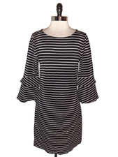 ANN TAYLOR Sz 10 Shift Dress Black White Stripes 3/4 Sleeve Ponte Knit Stretch