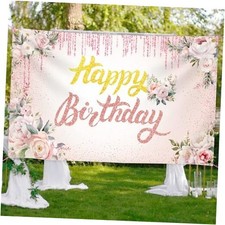 Happy Birthday Backdrop Banner, 3 x 5Ft Floral Background Party Supplies Rose