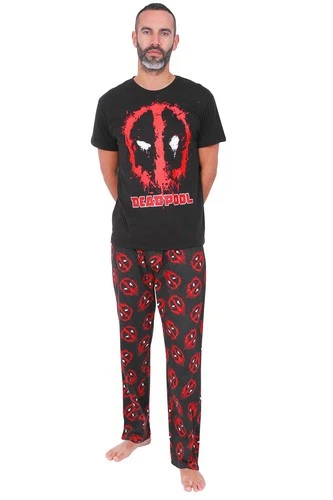 Mens Official Marvel Deadpool Black and Red Long Pyjamas