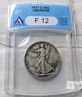 1917 D OBVERSE SILVER WALKING LIBERTY HALF DOLLAR ANACS F12