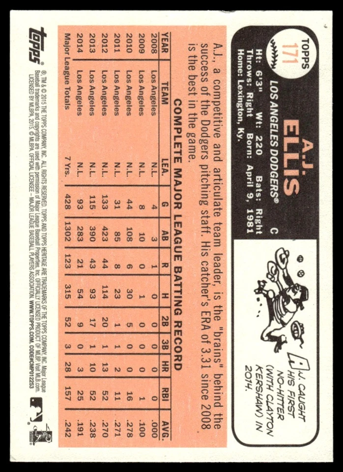 2015 Topps Heritage A.J. Ellis Los Angeles Dodgers #171 - Image 2 of 2