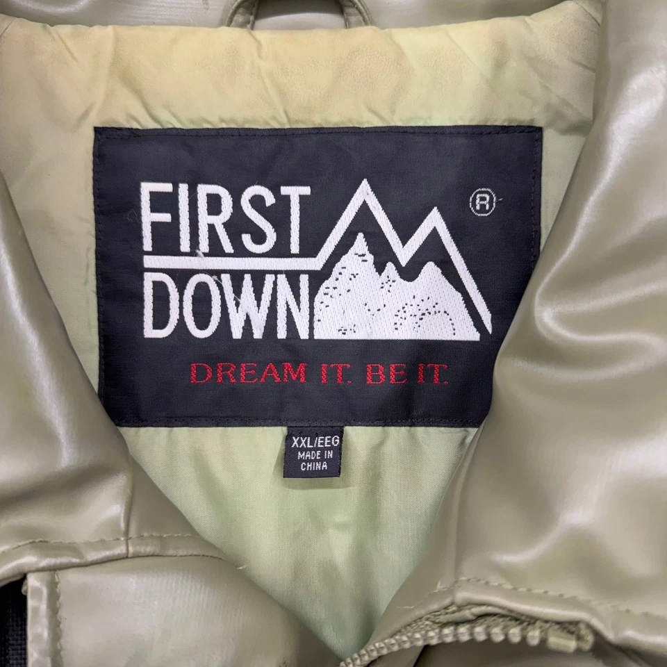 First Down Mens XXL Olive Green Puffer Jacket Full Zip PVC Casting Leather Shell - Image 3 of 4