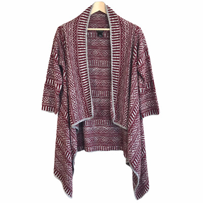 Tribal Open Front Cardigan Duster Gray Burgundy New Directions Large Womens 