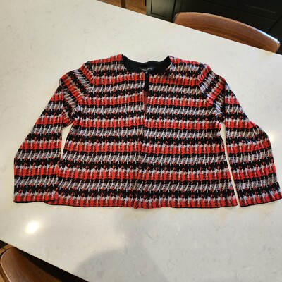 Ming Wang Striped Cardigan Jacket Size PXL Red Black Cinch Tie Sleeves Textured