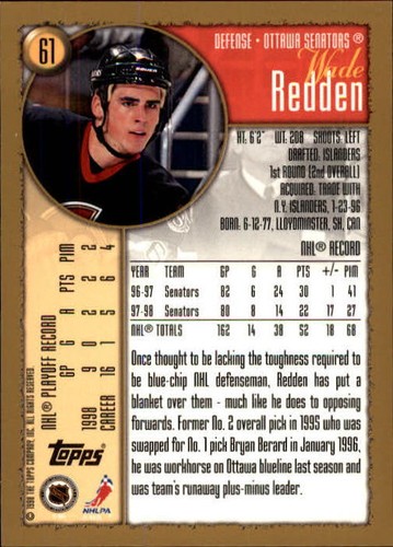 1998-99 Topps Senators Hockey Card #61 Wade Redden - Picture 2 of 2