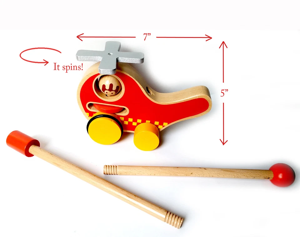 Natural Wood Helicopter Push Toy, Classic Fun for Young Children and Toddlers - Image 2 of 4