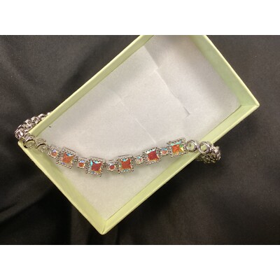 Aurora Borealis Bracelet Silver Tone Square Crystal Adjustable Extender