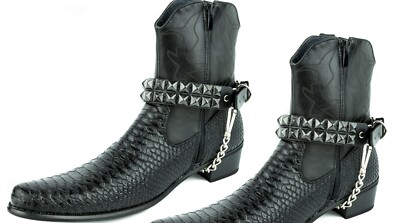 Genuine Leather Black Pyramid Studded Terminator Bootstrap Costume Punk Goth USA