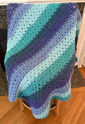 Handmade Crochet Baby Stripe Blanket Afghan Couch Throw Blue Acrylic 37" x 38"