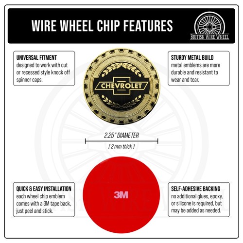 Chevy Gold & Black Metal Wire Wheel Chip Emblems, Size 2.25", Set or Single - Picture 3 of 21