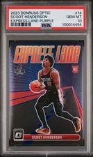 2023 PANINI OPTIC EXPRESS LANE-PURPLE RC SCOOT HENDERSON #14 ROOKIE PSA GM MT 10