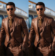 Brown Leather Men's Suits Retro Peak Lapel Wedding Groom Prom Tuxedos Three Pcs