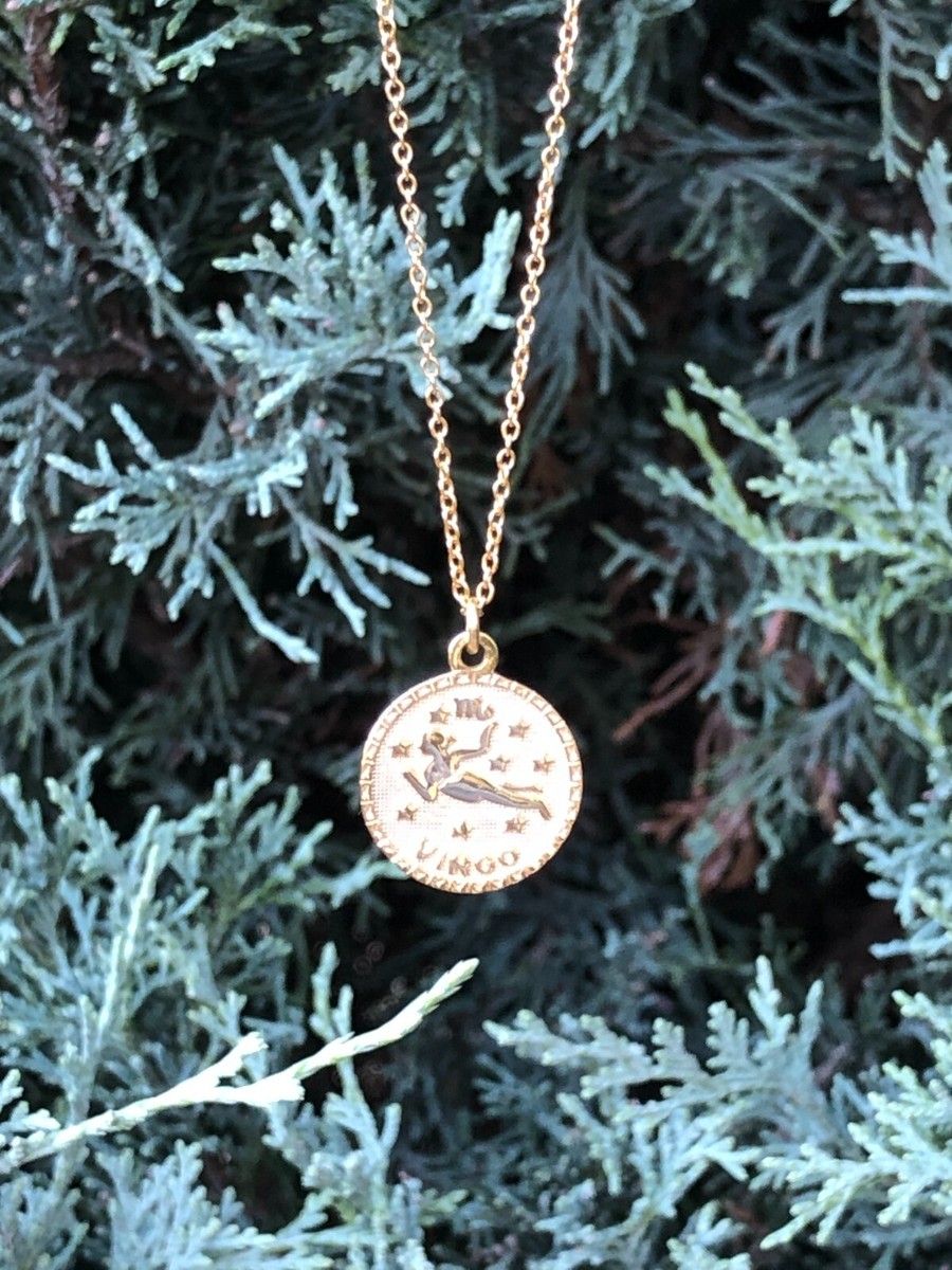 Gold Virgo Zodiac Pendant Necklace 925 Sterling Silver Womens 15mm