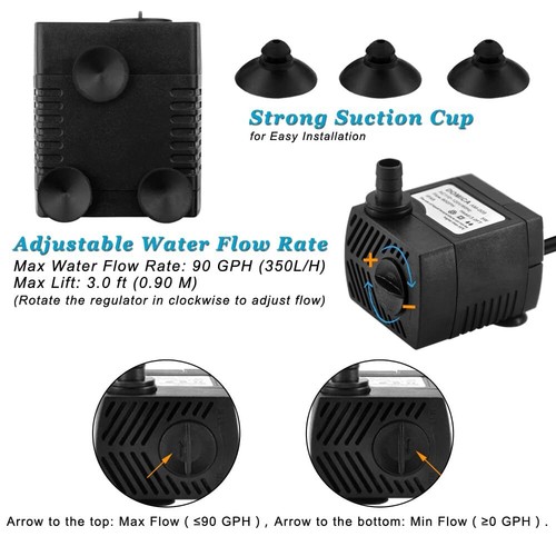 90 GPH Mini Submersible Pump Small Fountain Pump 5W 350L/H for water feature ... - Picture 6 of 6