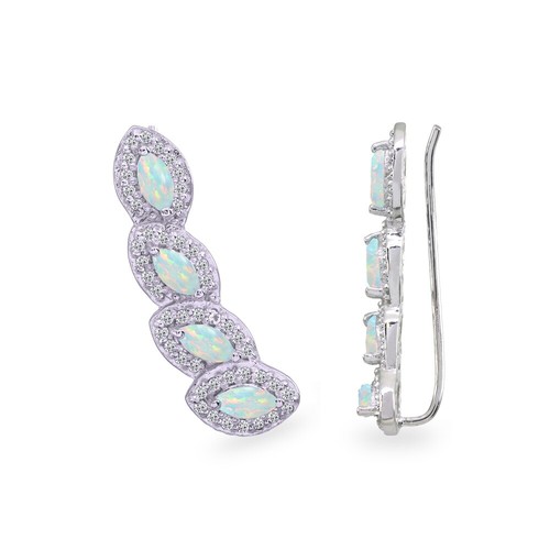 925 Silver Simulated Opal & White Topaz Marquise Halo Climber Crawler Earrings - Picture 3 of 4