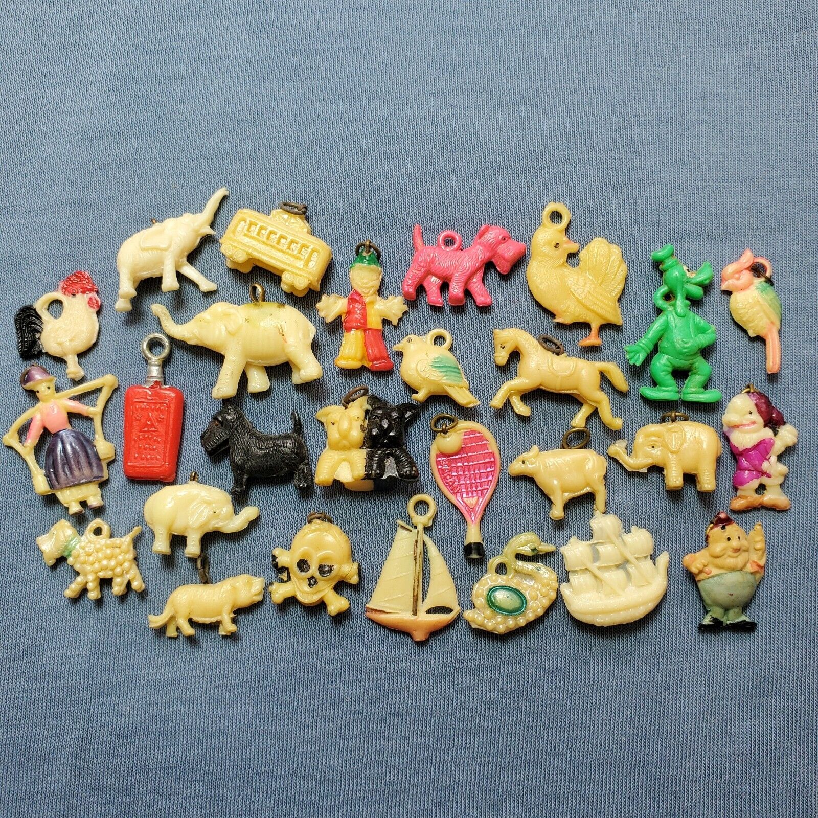 BixleyVintage Vintage Celluloid Cracker Jack Charms | Colorful Plastic Charms with Metal Loops | Pegasus, Rooster, Mickey Mouse, Gargoyle, & Song Bird 4