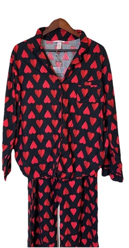 Victoria Secret XL Hearts Red Black Pj Set Pants Long Sleeve Plus - Picture 3 of 8