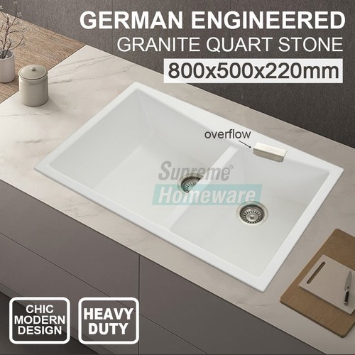 German Engineered White Granite Stone Kitchen Sink Double Bowls Overflow Basin - Picture 2 of 3