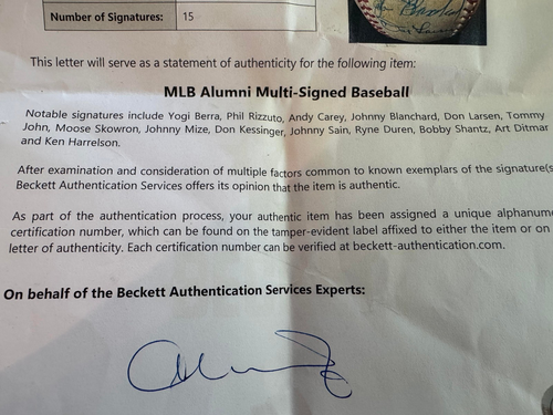 15 MLB EX ALUMNOS DE BÉISBOL FIRMADO YOGI BERRA, PHIL RIZZUTO, DON LARSEN BECKETT CERTIFICADO DE AUTENTICIDAD - Imagen 6 de 12