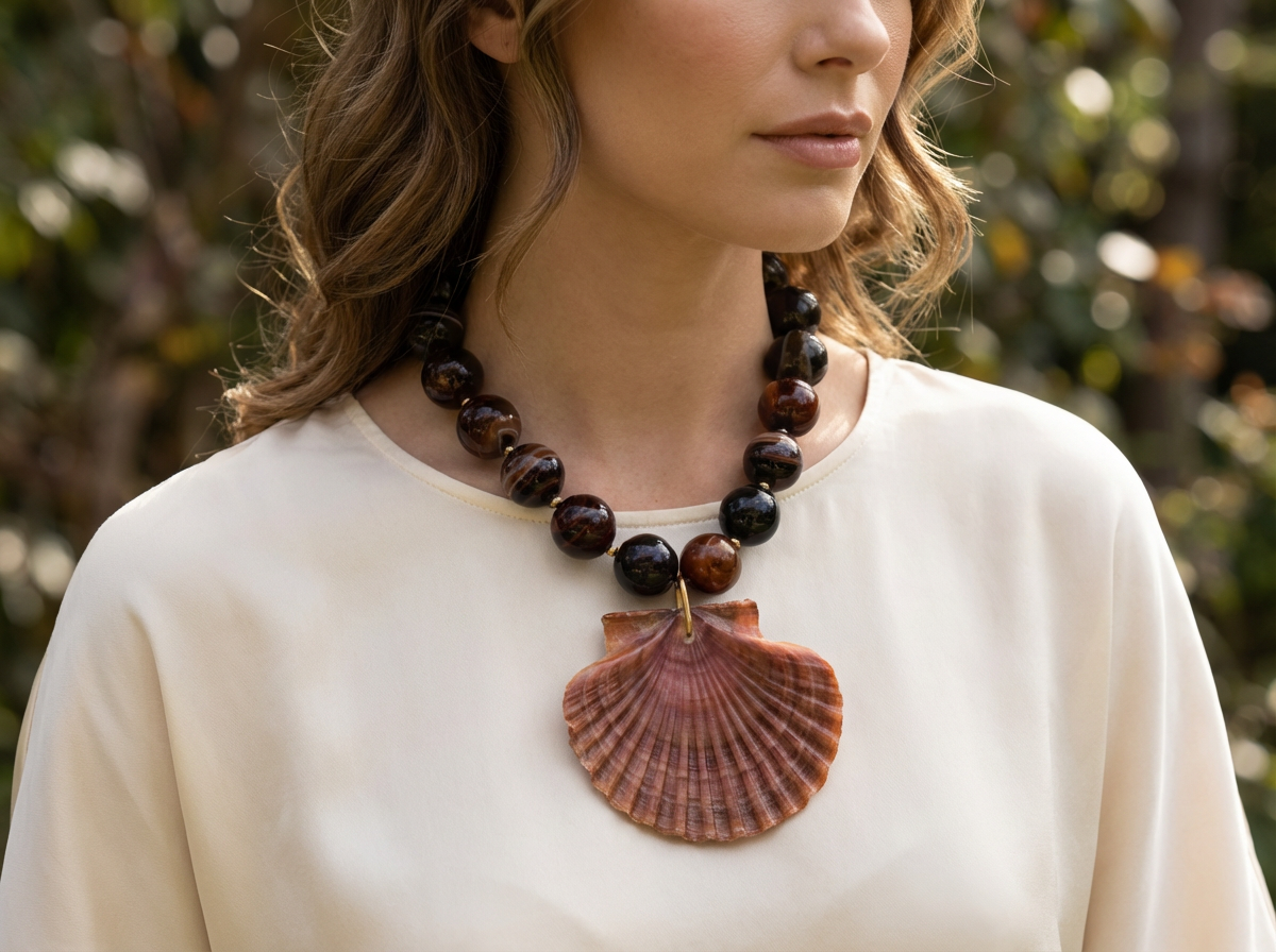 "Women's Necklace Real Seashell Set on Agate \"Fresco\" by Ann Jewel"