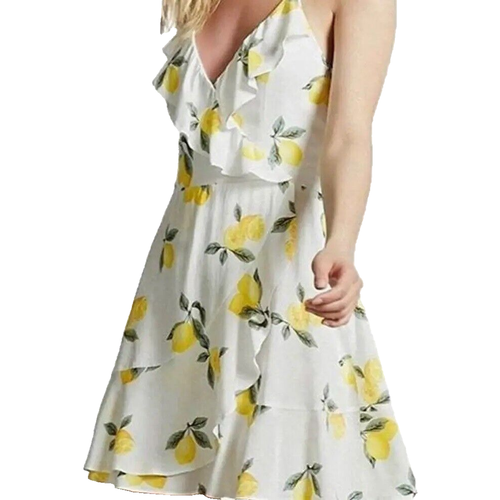 Japna Fit & Flare Dress Faux Wrap Asymmetrical Ruffle Front Lemon Print Med NEW