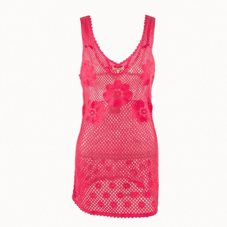 NWT Hot Pink Floral Openwork Crochet Knit Tank Dress