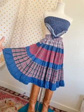 Vintage Cottage Verge Plaid Denim Full Circle Skirt Small Made in USA Cotton