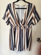 Women's Striped V-Neck Short Sleeve Romper Elastic Waist Tassel Hem L