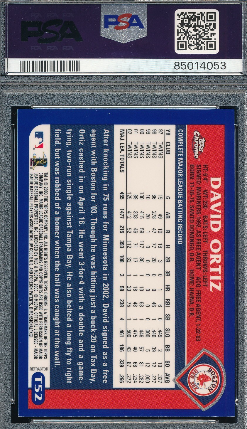 2003 Topps Chrome Traded Refractor David Ortiz #T52 First Red Sox card PSA 7 view 2