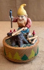 Anri Thorens Music Box Gnome sawing Wooden wood in forest vintage AX GLUED elf