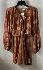ASOS DESIGN Women's Brown Geometric Puff Sleeve Tie Neck Mini Dress Sz 4 NWT