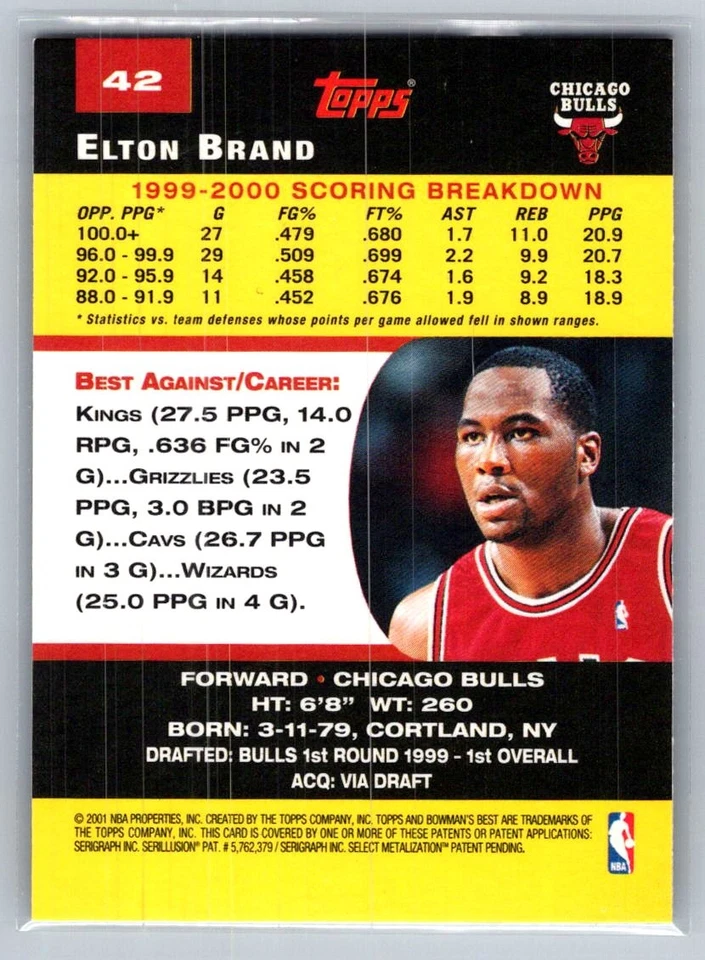 2000-01 Bowman's Best Basketball #42 Elton Brand - VG - Chicago Bulls - Image 2 of 2
