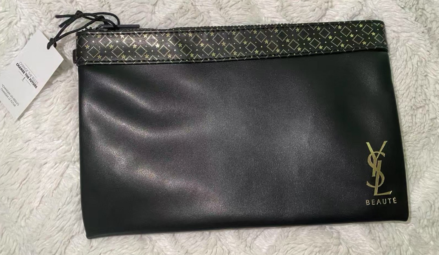 YVES SAINT LAURENT YSL Cosmetic NERO ORO PIATTO pochette borsa trucco nuova con etichette