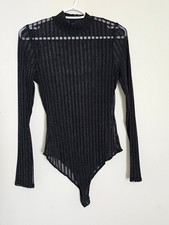 Black Sheer Ribbed Long-Sleeve Bodysuit