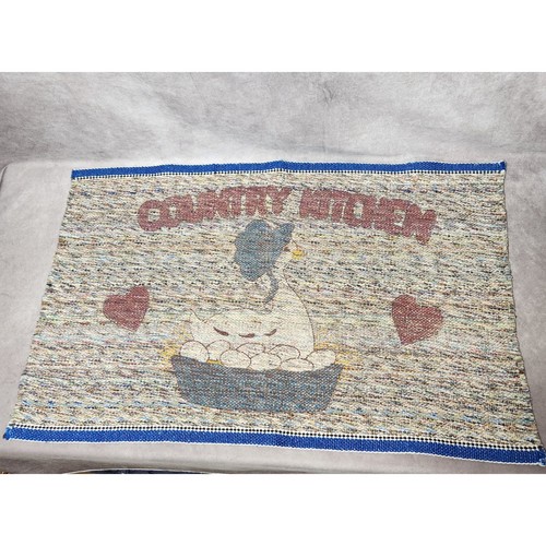 Vintage 80's Country Kitchen Goose Woven Rug Farmhouse Sink Blue Border Hearts