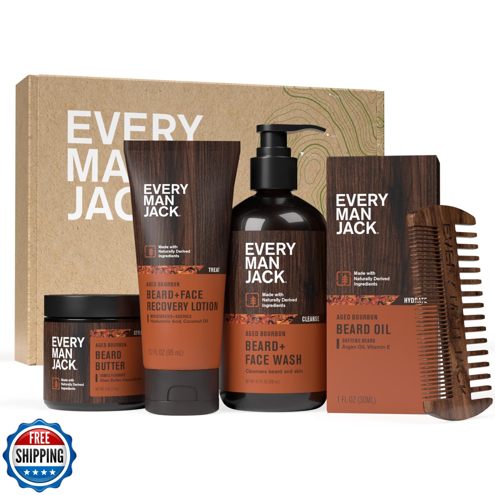 Every Man Jack Aged Bourbon Beard Set - 5 Full-Sized Grooming Essentials for Men