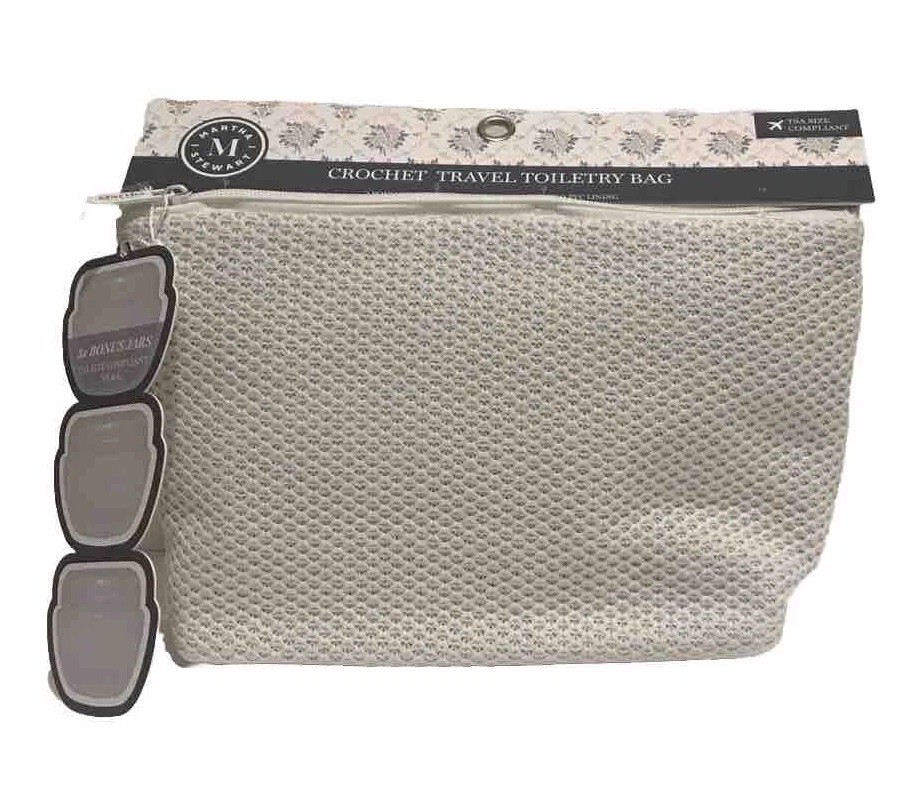 NWT Martha Stewart Crochet Travel Toiletry Bag White TSA